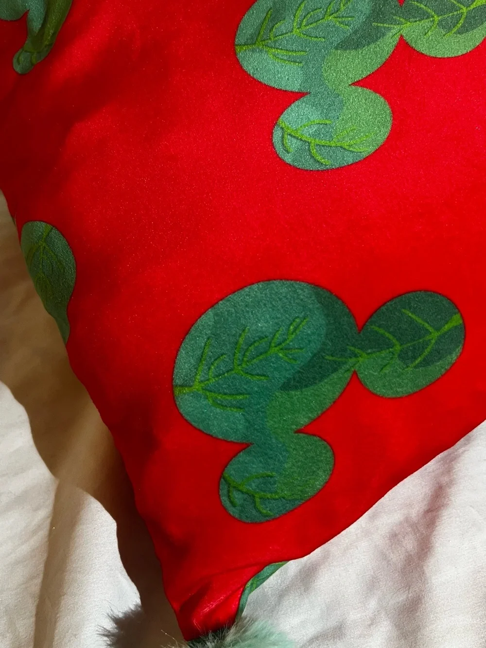 Disney Red Decorative Pillow with Green Mickey Mouse Leaf